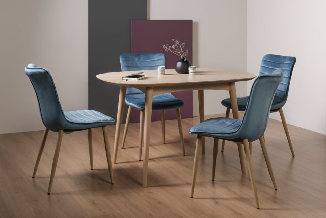 Gallery Collection Dansk Scandi Oak 4 Seater Dining Table & 4 Eriksen Petrol Blue Velvet Fabric Chairs with Grey Rustic Oak Effect Legs
