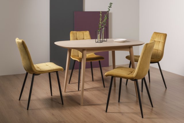 Gallery Collection Dansk Scandi Oak 4 Seater Dining Table & 4 Mondrian Mustard Velvet Fabric Chairs with Sand Black Powder Coated Legs