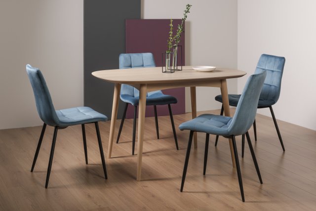 Gallery Collection Dansk Scandi Oak 4 Seater Dining Table & 4 Mondrian Petrol Blue Velvet Fabric Chairs with Sand Black Powder Coated Legs