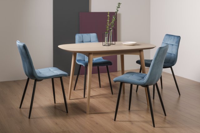 Gallery Collection Dansk Scandi Oak 4 Seater Table & 4 Mondrian Petrol Blue Velvet Chairs