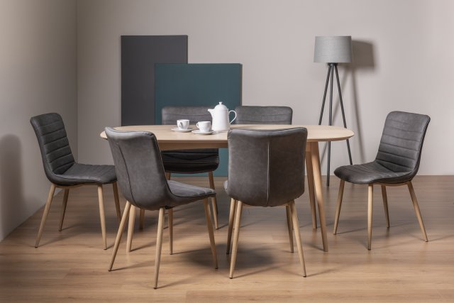 Gallery Collection Dansk Scandi Oak 6 Seater Dining Table & 6 Eriksen Dark Grey Faux Leather Chairs with Grey Rustic Oak Effect Legs