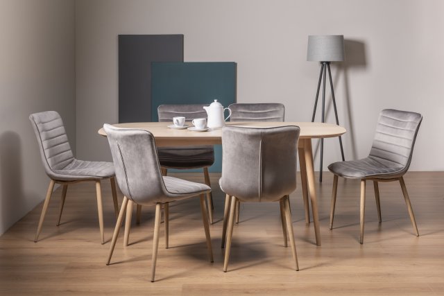 Gallery Collection Dansk Scandi Oak 6 Seater Table & 6 Eriksen Grey Velvet Chairs