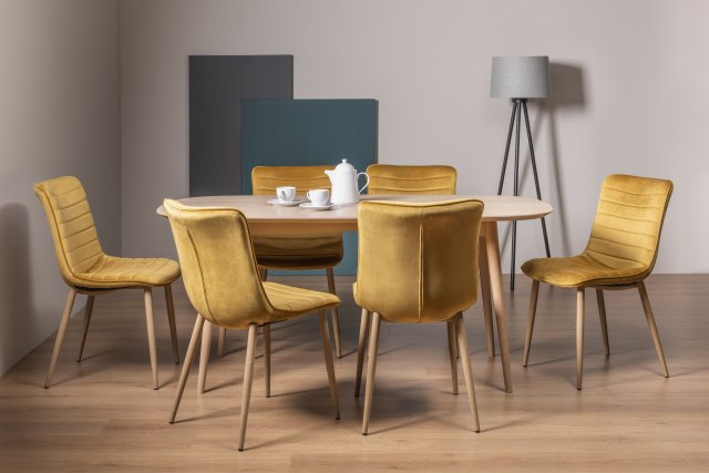 Gallery Collection Dansk Scandi Oak 6 Seater Dining Table & 6 Eriksen Mustard Velvet Fabric Chairs with Grey Rustic Oak Effect Legs