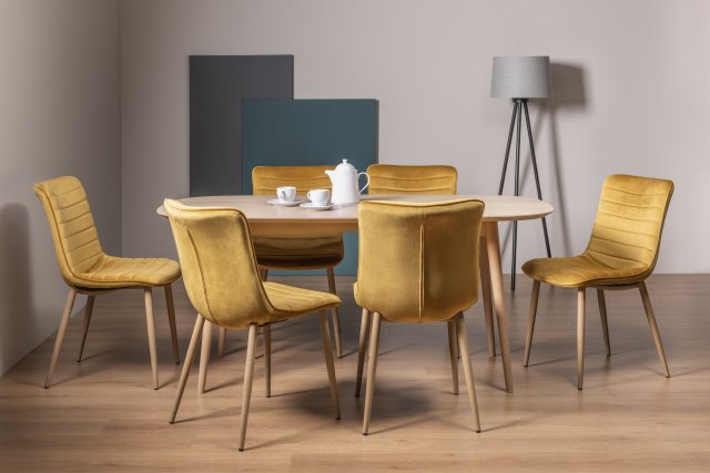 Gallery Collection Dansk Scandi Oak 6 Seater Table & 6 Eriksen Mustard Velvet Chairs