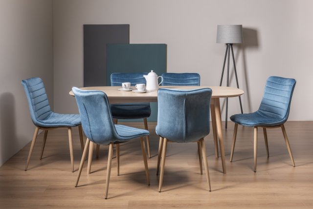 Gallery Collection Dansk Scandi Oak 6 Seater Table & 6 Eriksen Petrol Blue Velvet Chairs