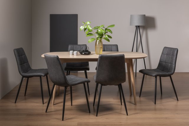 Gallery Collection Dansk Scandi Oak 6 Seater Dining Table & 6 Mondrian Dark Grey Faux Leather Chairs with Sand Black Powder Coated Legs