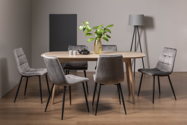 Gallery Collection Dansk Scandi Oak 6 Seater Table & 6 Mondrian Grey Velvet Chairs