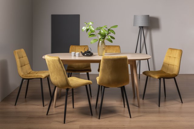 Gallery Collection Dansk Scandi Oak 6 Seater Table & 6 Mondrian Mustard Velvet Chairs