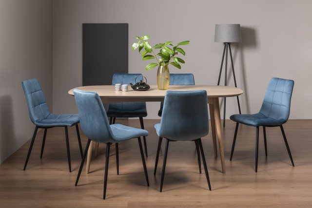 Gallery Collection Dansk Scandi Oak 6 Seater Dining Table & 6 Mondrian Petrol Blue Velvet Fabric Chairs with Sand Black Powder Coated Legs