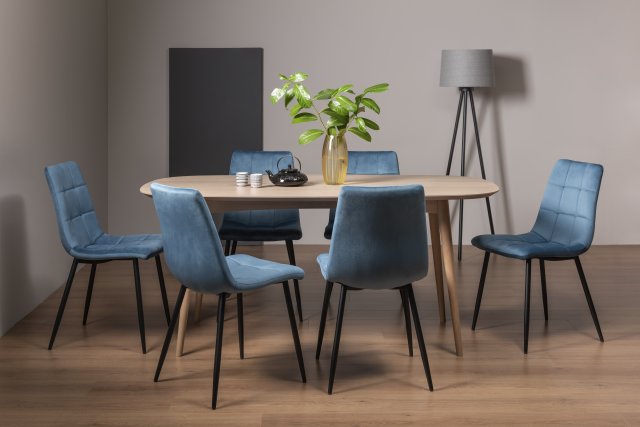 Gallery Collection Dansk Scandi Oak 6 Seater Table & 6 Mondrian Petrol Blue Velvet Chairs