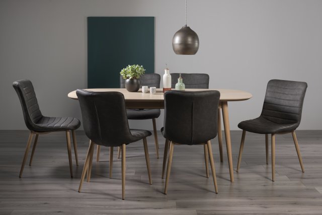 Gallery Collection Dansk Scandi Oak 6-8 Seater Dining Table & 6 Eriksen Dark Grey Faux Leather Chairs with Grey Rustic Oak Effect Legs