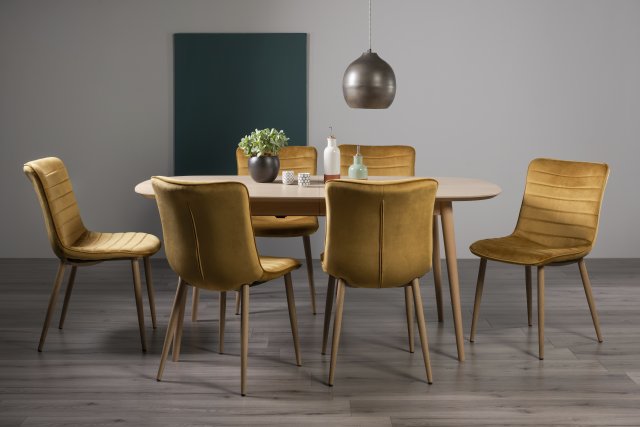 Gallery Collection Dansk Scandi Oak 6-8 Seater Dining Table & 6 Eriksen Mustard Velvet Fabric Chairs with Grey Rustic Oak Effect Legs