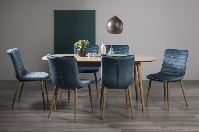 Gallery Collection Dansk Scandi Oak 6-8 Seater Table & 6 Eriksen Petrol Blue Velvet Chairs