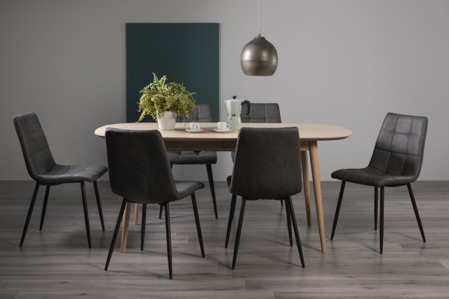 Gallery Collection Dansk Scandi Oak 6-8 Seater Dining Table & 6 Mondrian Dark Grey Faux Leather Chairs with Sand Black Powder Coated Legs