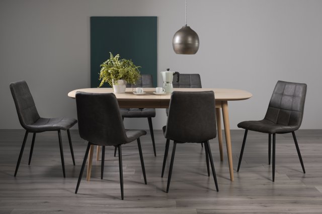 Gallery Collection Dansk Scandi Oak 6-8 Seater Table & 6 Mondrian Dark Grey Faux Leather Chairs