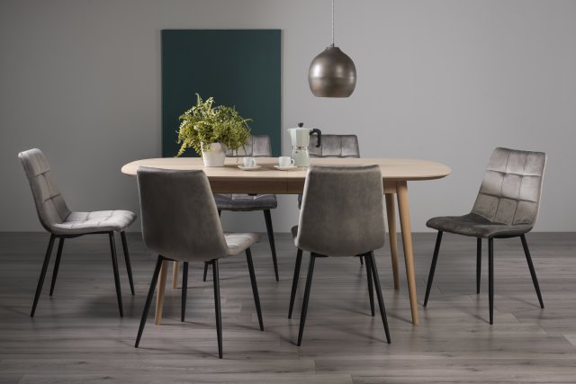 Gallery Collection Dansk Scandi Oak 6-8 Seater Dining Table & 6 Mondrian Grey Velvet Fabric Chairs with Sand Black Powder Coated Legs