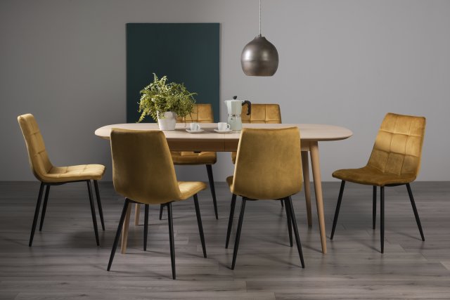 Gallery Collection Dansk Scandi Oak 6-8 Seater Dining Table & 6 Mondrian Mustard Velvet Fabric Chairs with Sand Black Powder Coated Legs