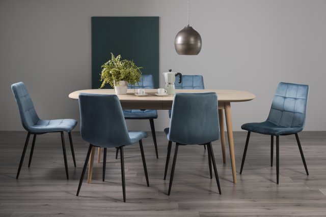 Gallery Collection Dansk Scandi Oak 6-8 Seater Dining Table & 6 Mondrian Petrol Blue Velvet Fabric Chairs with Sand Black Powder Coated Legs