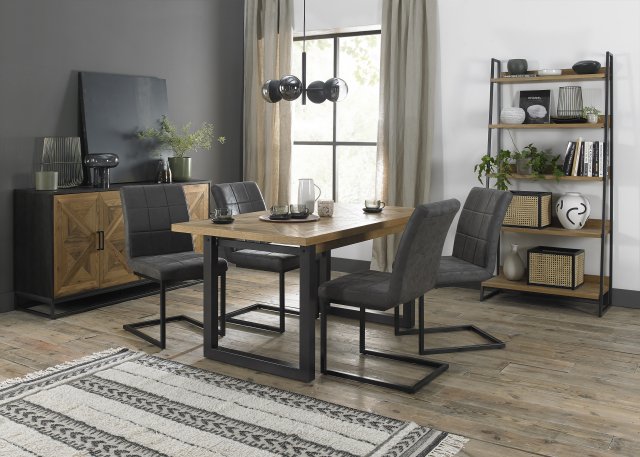 Signature Collection Indus Rustic Oak 4-6 Seater Dining Table with Peppercorn Legs & 4 Lewis Distressed Dark Grey Fabric Cantilever Chairs with Sand Black Powder Coated Frame