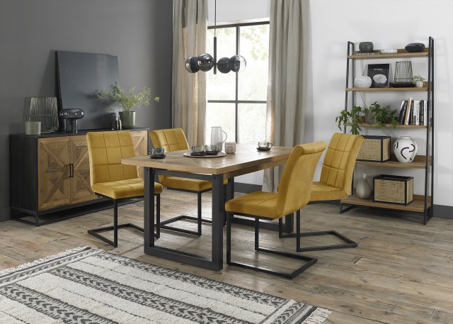 Signature Collection Indus Rustic Oak 4-6 Seater Dining Table with Peppercorn Legs & 4 Lewis Mustard Velvet Cantilever Chairs with Sand Black Powder Coated Frame