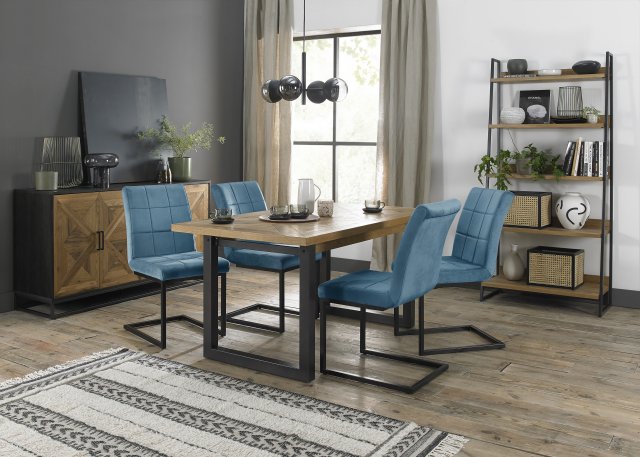 Signature Collection Indus Rustic Oak 4-6 Seater Dining Table with Peppercorn Legs & 4 Lewis Petrol Blue Velvet Cantilever Chairs with Sand Black Powder Coated Frame