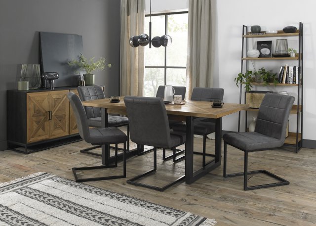 Signature Collection Indus Rustic Oak 6-8 Seater Dining Table with Peppercorn Legs & 6 Lewis Distressed Dark Grey Fabric Cantilever Chairs with Sand Black Powder Coated Frame