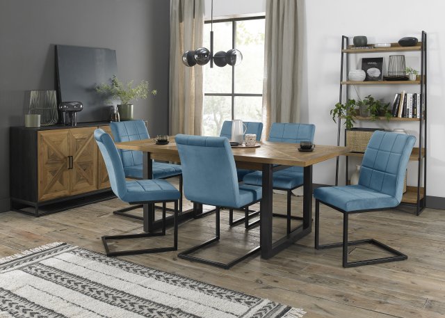 Signature Collection Indus Rustic Oak 6-8 Seater Table & 6 Lewis Petrol Blue Velvet Cantilever Chairs