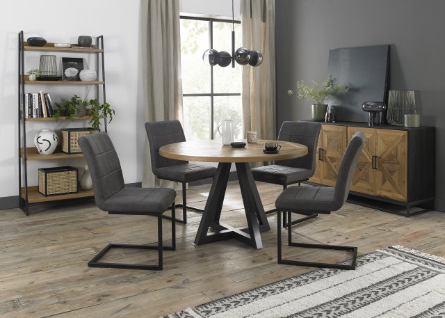 Signature Collection Indus Rustic Oak 4 Seater Table & 4 Lewis Distressed Dark Grey Fabric Cantilever Chairs