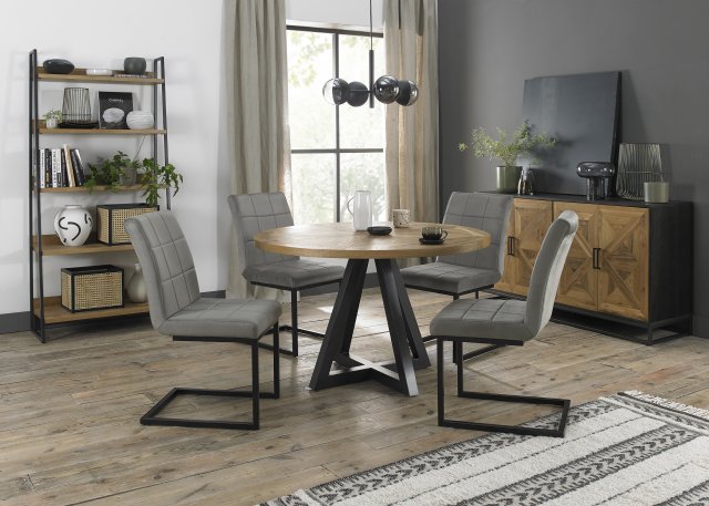 Signature Collection Indus Rustic Oak 4 Seater Table & 4 Lewis Grey Velvet Cantilever Chairs