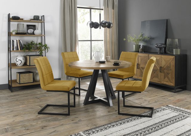 Signature Collection Indus Rustic Oak 4 Seater Table & 4 Lewis Mustard Velvet Cantilever Chairs