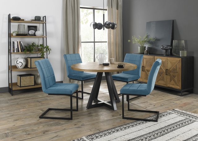 Signature Collection Indus Rustic Oak 4 Seater Dining Table with Peppercorn Legs & 4 Lewis Petrol Blue Velvet Cantilever Chairs with Sand Black Powder Coated Frame
