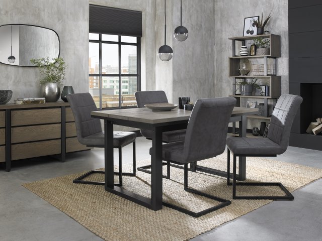 Signature Collection Tivoli Weathered Oak 4-6 Seater Dining Table with Peppercorn Legs & 4 Lewis Distressed Dark Grey Fabric Cantilever Chairs with Sand Black Powder Coated Frame