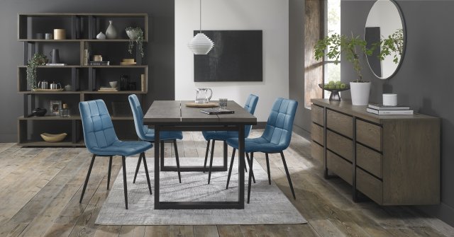 Signature Collection Tivoli Weathered Oak 4-6 Seater Dining Table with Peppercorn Legs & 4 Mondrian Petrol Blue Chairs with Sand Black Powder Coated Legs