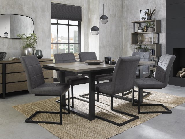 Signature Collection Tivoli Weathered Oak 6-8 Seater Dining Table with Peppercorn Legs & 6 Lewis Distressed Dark Grey Fabric Cantilever Chairs with Sand Black Powder Coated Frame