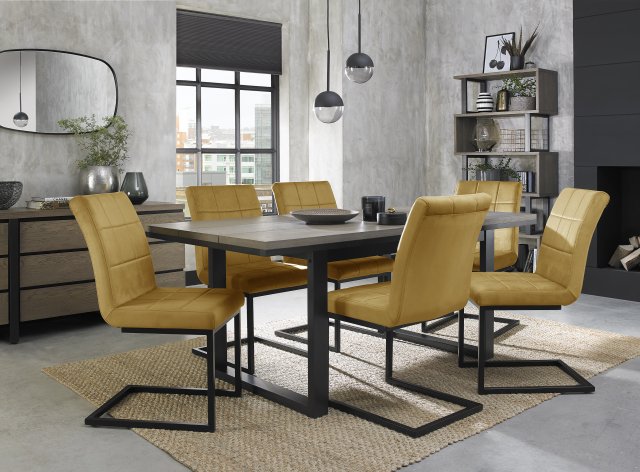 Signature Collection Tivoli Weathered Oak 6-8 Seater Dining Table with Peppercorn Legs & 6 Lewis Mustard Velvet Cantilever Chairs with Sand Black Powder Coated Frame