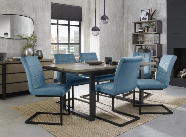 Signature Collection Tivoli Weathered Oak 6-8 Seater Dining Table with Peppercorn Legs & 6 Lewis Petrol Blue Cantilever Chairs with Sand Black Powder Coated Frame