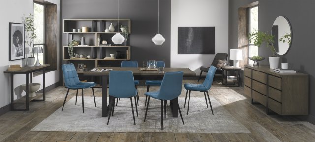 Signature Collection Tivoli Weathered Oak 6-8 Seater Dining Table with Peppercorn Legs & 6 Mondrian Petrol Blue Chairs with Sand Black Powder Coated Legs