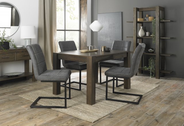 Premier Collection Turin Dark Oak 4-6 Seater Dining Table & 4 Lewis Distressed Dark Grey Fabric Cantilever Chairs with Sand Black Powder Coated Frame
