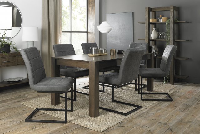 Premier Collection Turin Dark Oak 6-10 Seater Dining Table & 6 Lewis Distressed Dark Grey Fabric Cantilever Chairs with Sand Black Powder Coated Frame