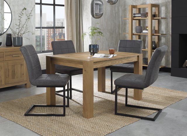 Premier Collection Turin Light Oak 4-6 Seater Dining Table & 4 Lewis Distressed Dark Grey Fabric Cantilever Chairs with Sand Black Powder Coated Frame