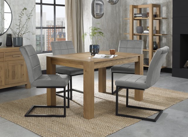 Premier Collection Turin Light Oak 4-6 Seater Dining Table & 4 Lewis Grey Velvet Cantilever Chairs with Sand Black Powder Coated Frame