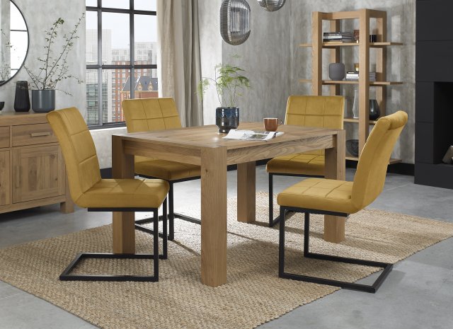 Premier Collection Turin Light Oak 4-6 Seater Dining Table & 4 Lewis Mustard Velvet Cantilever Chairs with Sand Black Powder Coated Frame