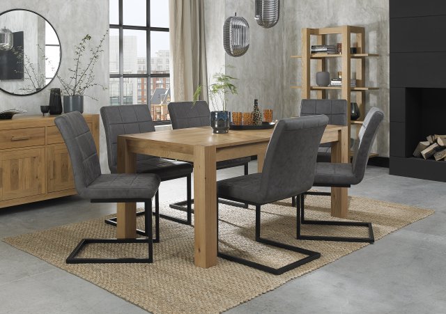Premier Collection Turin Light Oak 6-8 Seater Dining Table & 6 Lewis Distressed Dark Grey Fabric Cantilever Chairs with Sand Black Powder Coated Frame