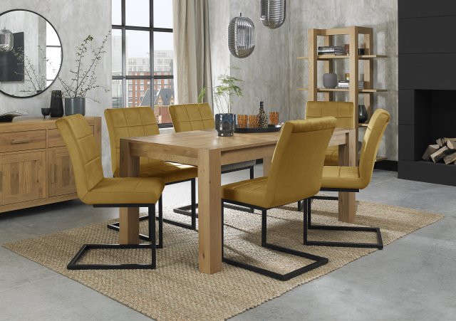 Premier Collection Turin Light Oak 6-8 Seater Dining Table & 6 Lewis Mustard Velvet Cantilever Chairs with Sand Black Powder Coated Frame