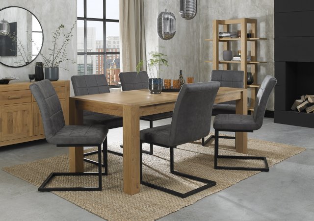 Premier Collection Turin Light Oak 6-10 Seater Dining Table & 6 Lewis Distressed Dark Grey Fabric Cantilever Chairs with Sand Black Powder Coated Frame