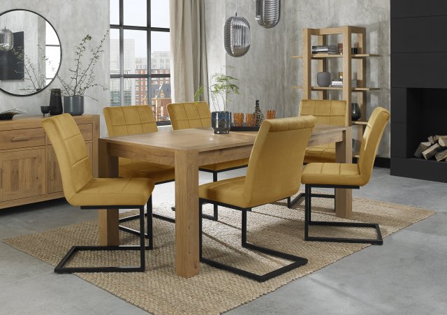 Premier Collection Turin Light Oak 6-10 Seater Table & 6 Lewis Mustard Velvet Cantilever Chairs