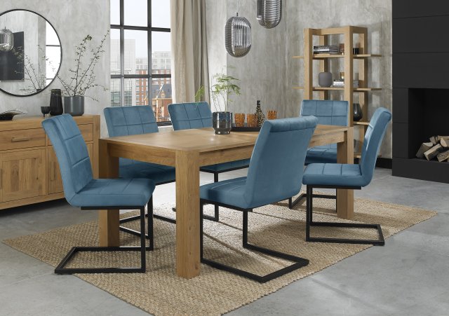 Premier Collection Turin Light Oak 6-10 Seater Dining Table & 6 Lewis Petrol Blue Cantilever Chairs with Sand Black Powder Coated Frame