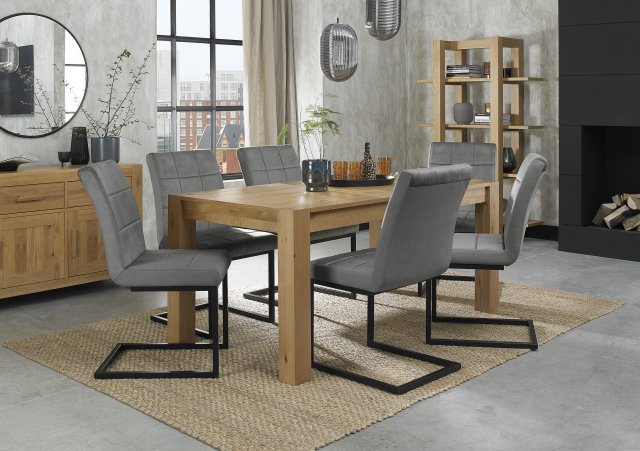 Premier Collection Turin Light Oak 6 Seater Dining Table & 6 Lewis Grey Velvet Cantilever Chairs with Sand Black Powder Coated Frame