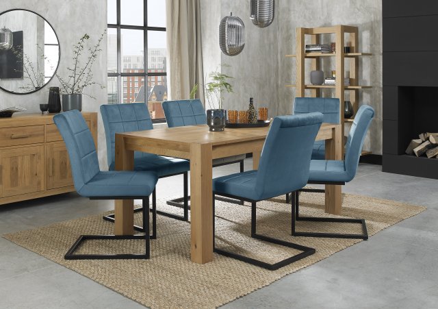 Premier Collection Turin Light Oak 6 Seater Dining Table & 6 Lewis Petrol Blue Cantilever Chairs with Sand Black Powder Coated Frame