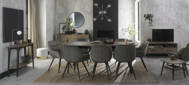 Premier Collection Vintage Weathered Oak 6-8 Seater Dining Table with Peppercorn Legs & 8 Dali Grey Velvet Chairs with Sand Black Powder Coated Legs